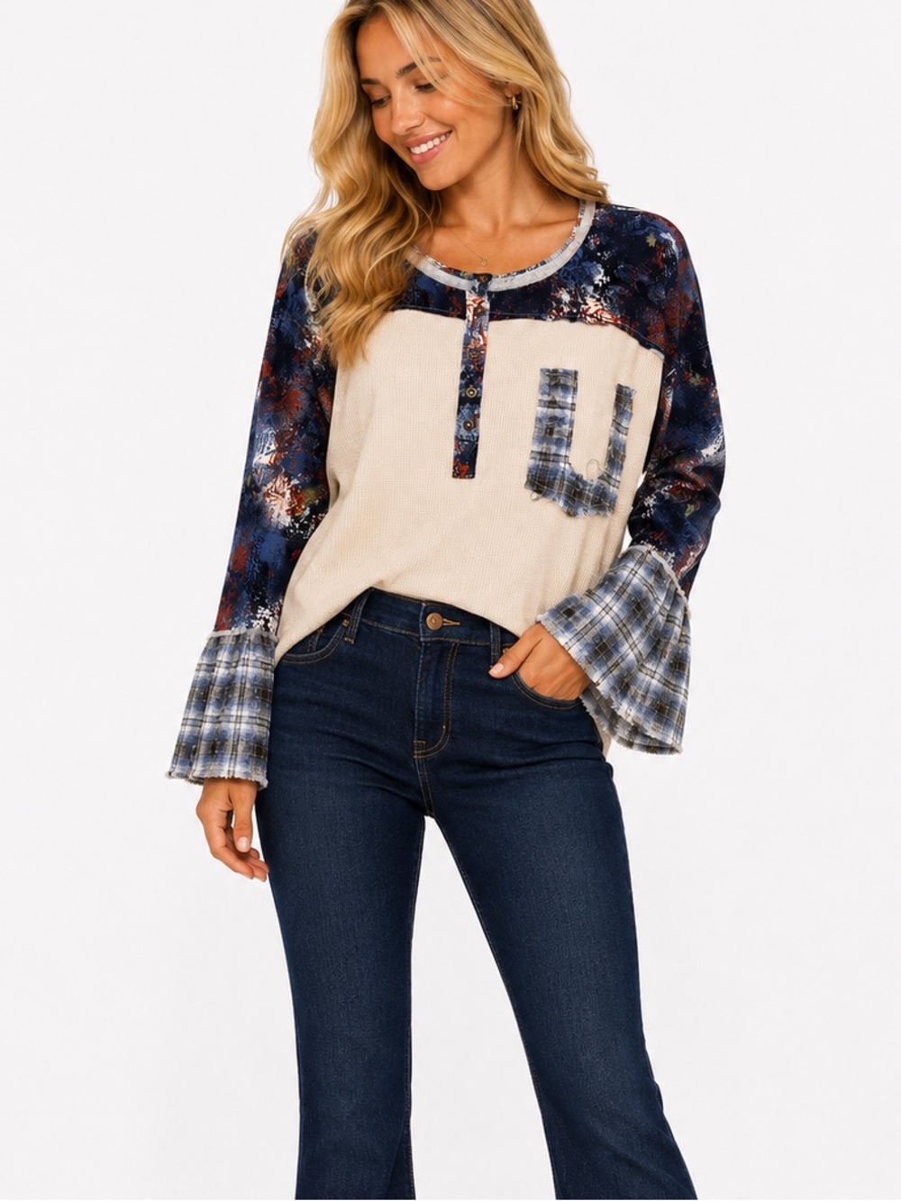 POL Size Small Boho Patchwork Bell Sleeve Top - Beige & Navy